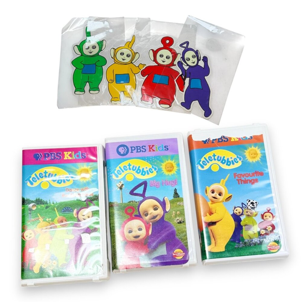 PBS Teletubbies VHS Lot 3 Dance Favourite Hug Shell Case Plus 4 Decal Stickers